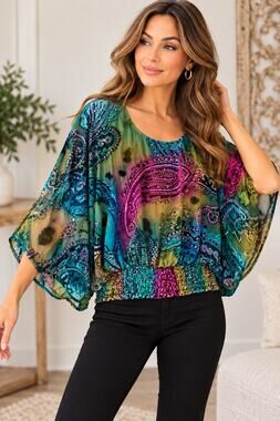 Cache Luxe Blouse M Burnout Velvet Paisley Batwing Dolman Smocked Waist